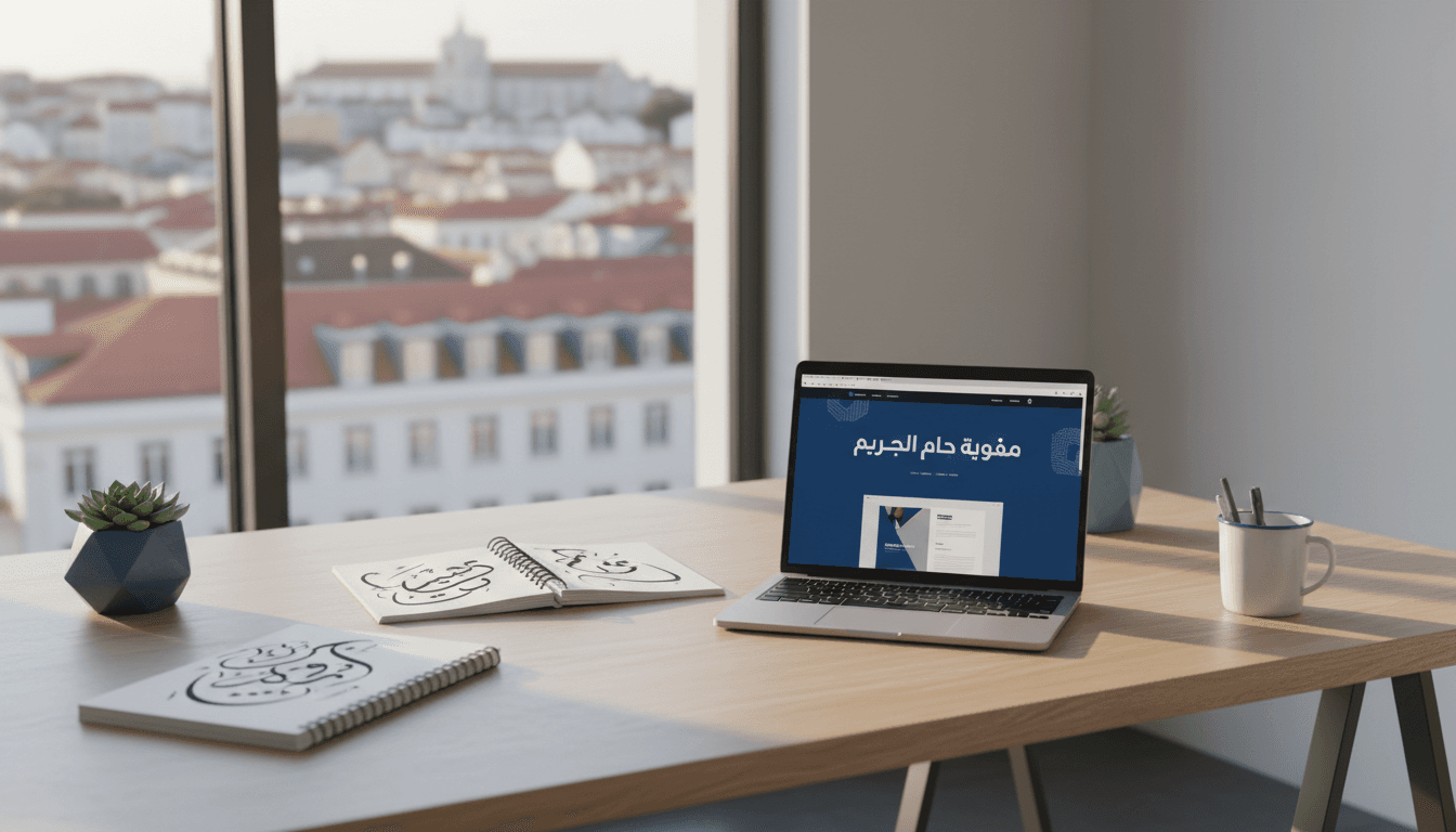 Modern design office with a laptop displaying a website