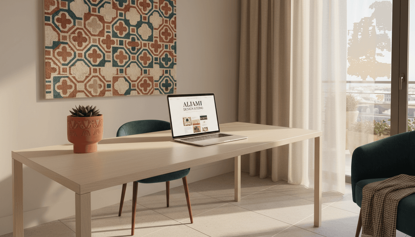 Modern design studio in Lisbon showing a website on a computer screen