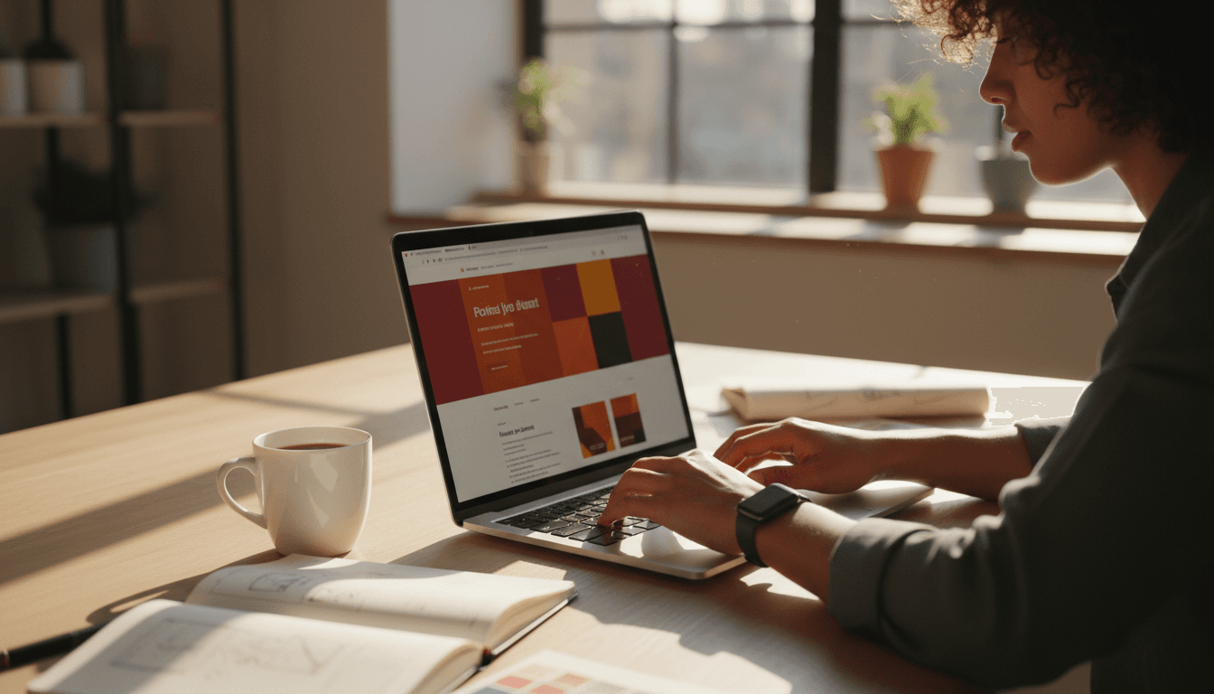 Modern Lisbon office with a laptop showing an Arabic website design and a notebook full of branding sketches