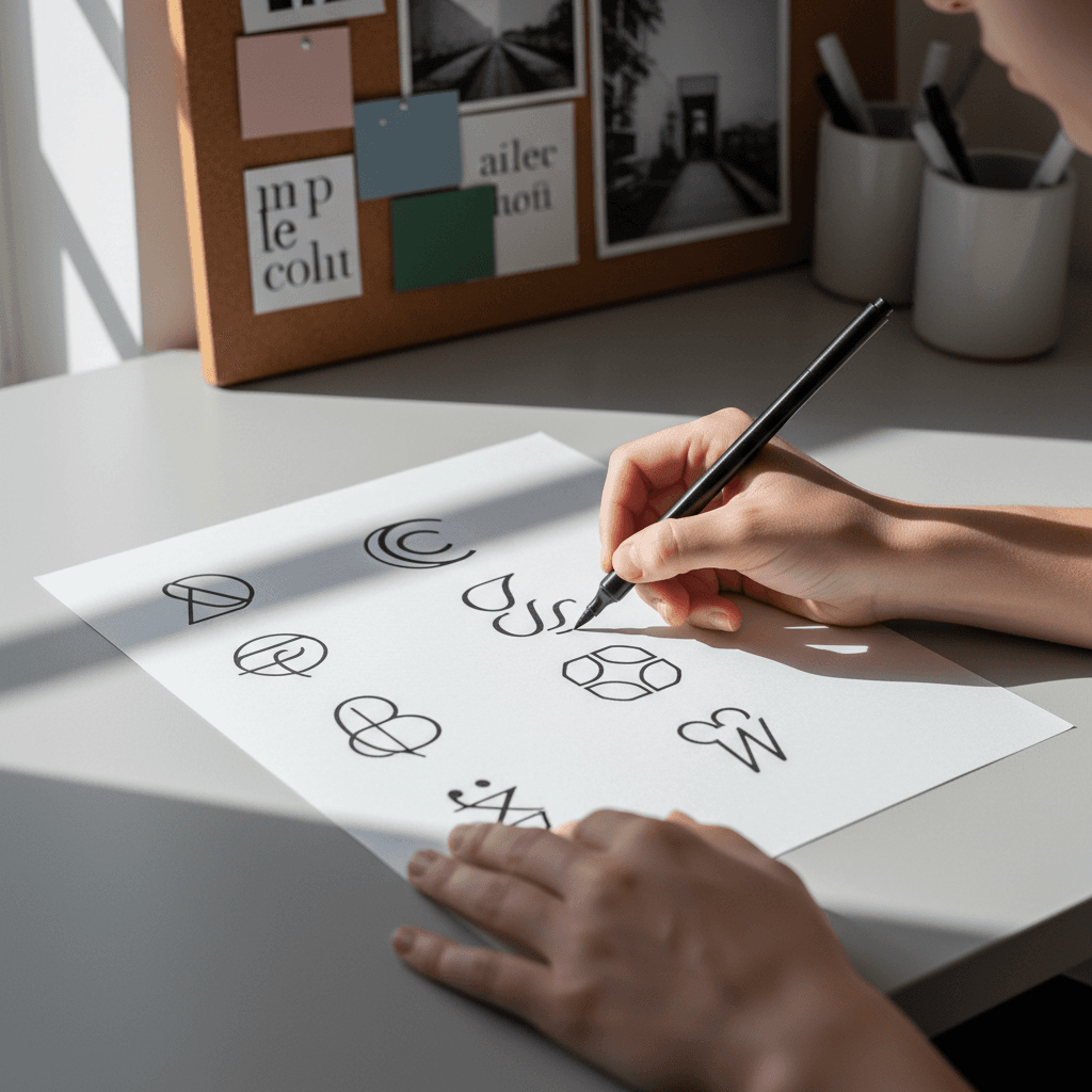 Brand identity design process on paper with color swatches