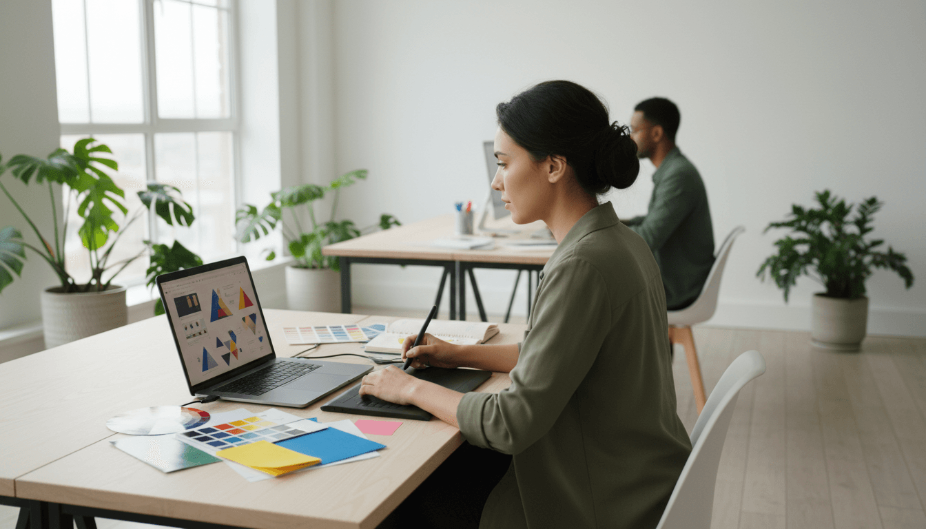 Designer working on a bilingual website in a modern office