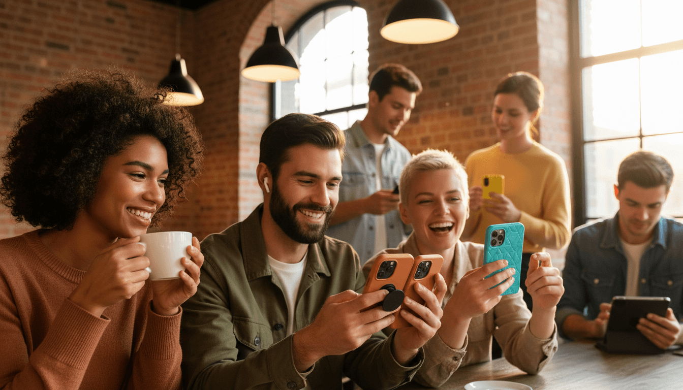 Responsive website design on a smartphone in a cafe